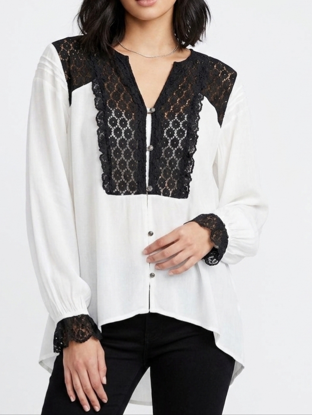 TASHA POLIZZI White and Black Ruffled Long Sleeve Blouse 100%Rayon